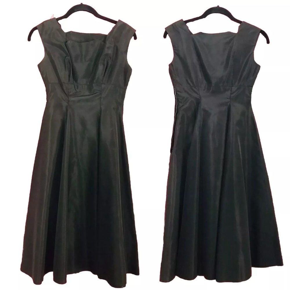Vintage 50s Black Dress, Sleeveless Fit and Flare Taffeta Party Dress, XS/S